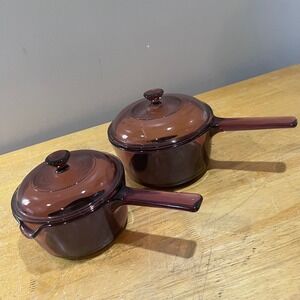 Vtg Corning Visions Cranberry Glass Saucepan Set 1L 1.5L Covered Pots USA 90s